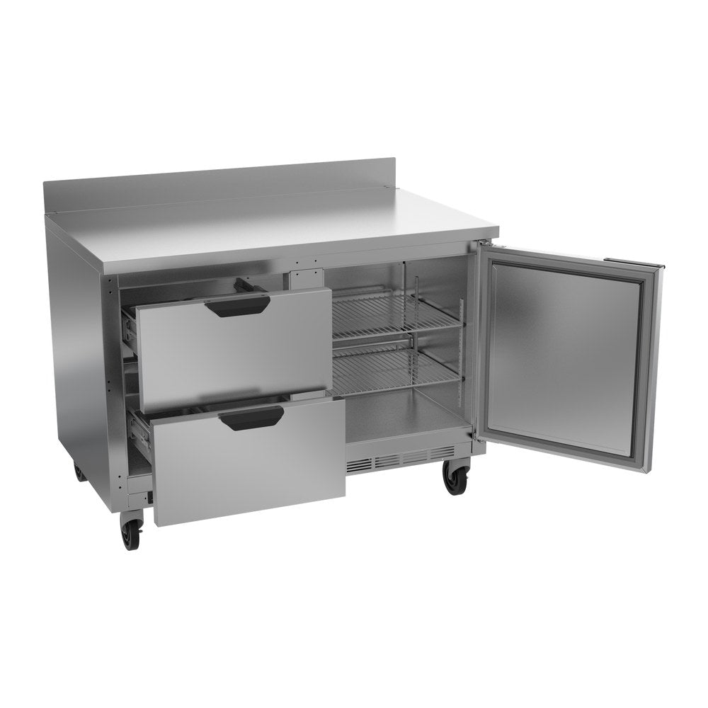 Beverage Air WTRD48AHC-2 48" one door and two drawers worktop refrigerator, with the door open showing the interior