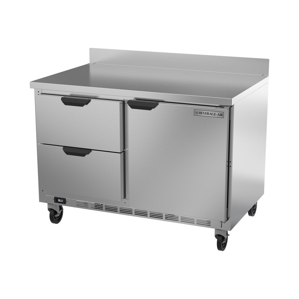Beverage Air WTRD48AHC-2 48" one door and two drawers worktop refrigerator, side angle view, door closed