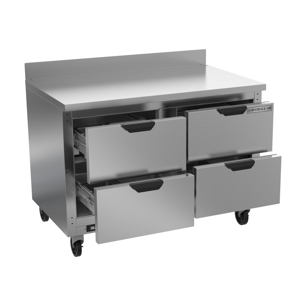 Beverage Air WTRD48AHC-4 48" four drawers worktop refrigerator, with the door open showing the interior