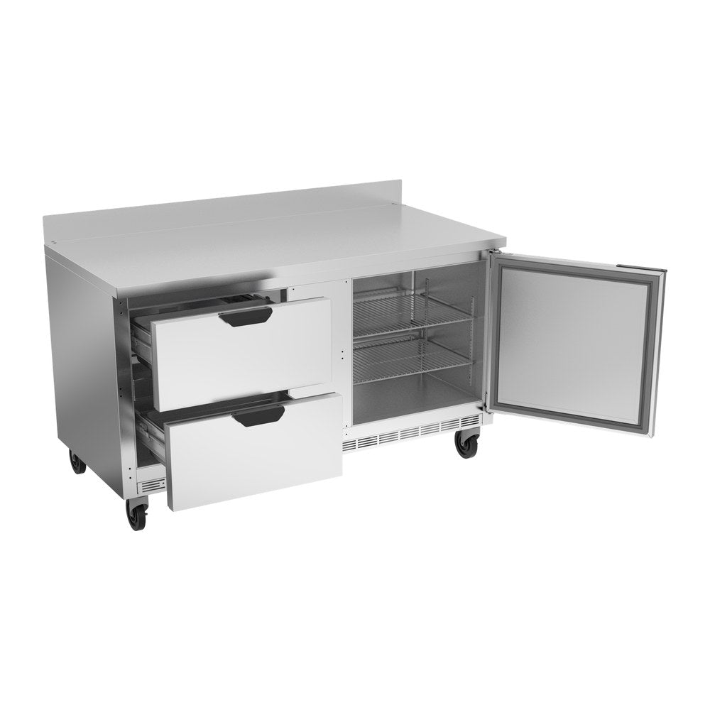 Beverage Air WTRD60AHC-2 60" one door and two drawers worktop refrigerator, with the door open showing the interior