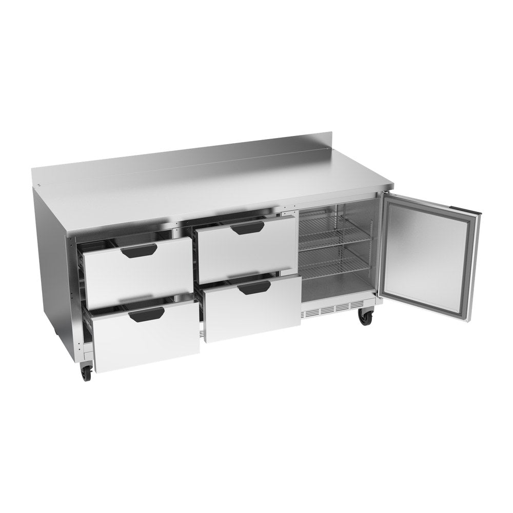 Beverage Air WTRD72AHC-4 72" one door and four drawers worktop refrigerator, with the door open showing the interior