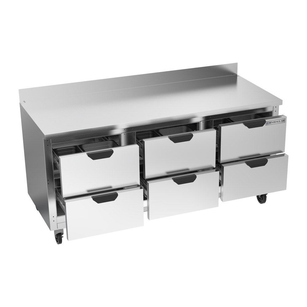 Beverage Air WTRD72AHC-6 72" six drawers worktop refrigerator, with the door open showing the interior