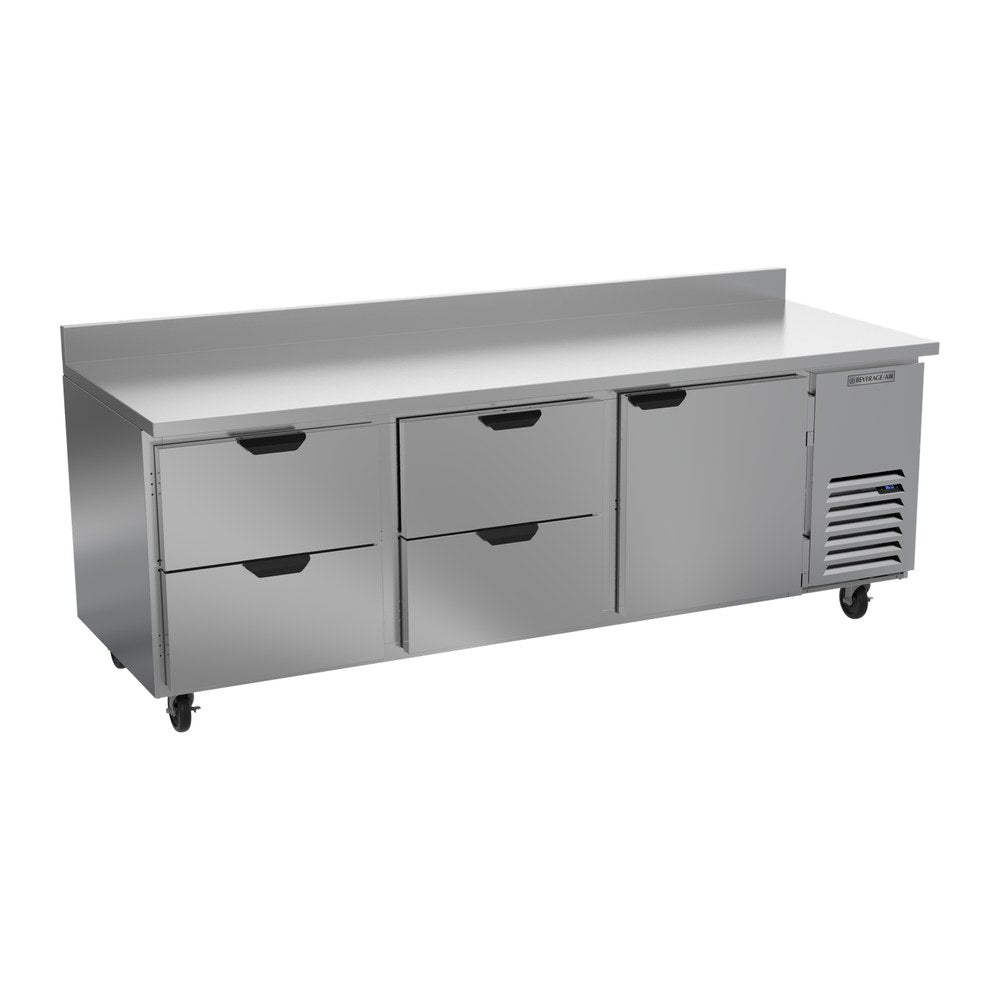Beverage Air WTRD93AHC-4 93-1/8" one door and four drawers worktop refrigerator, front view, door closed