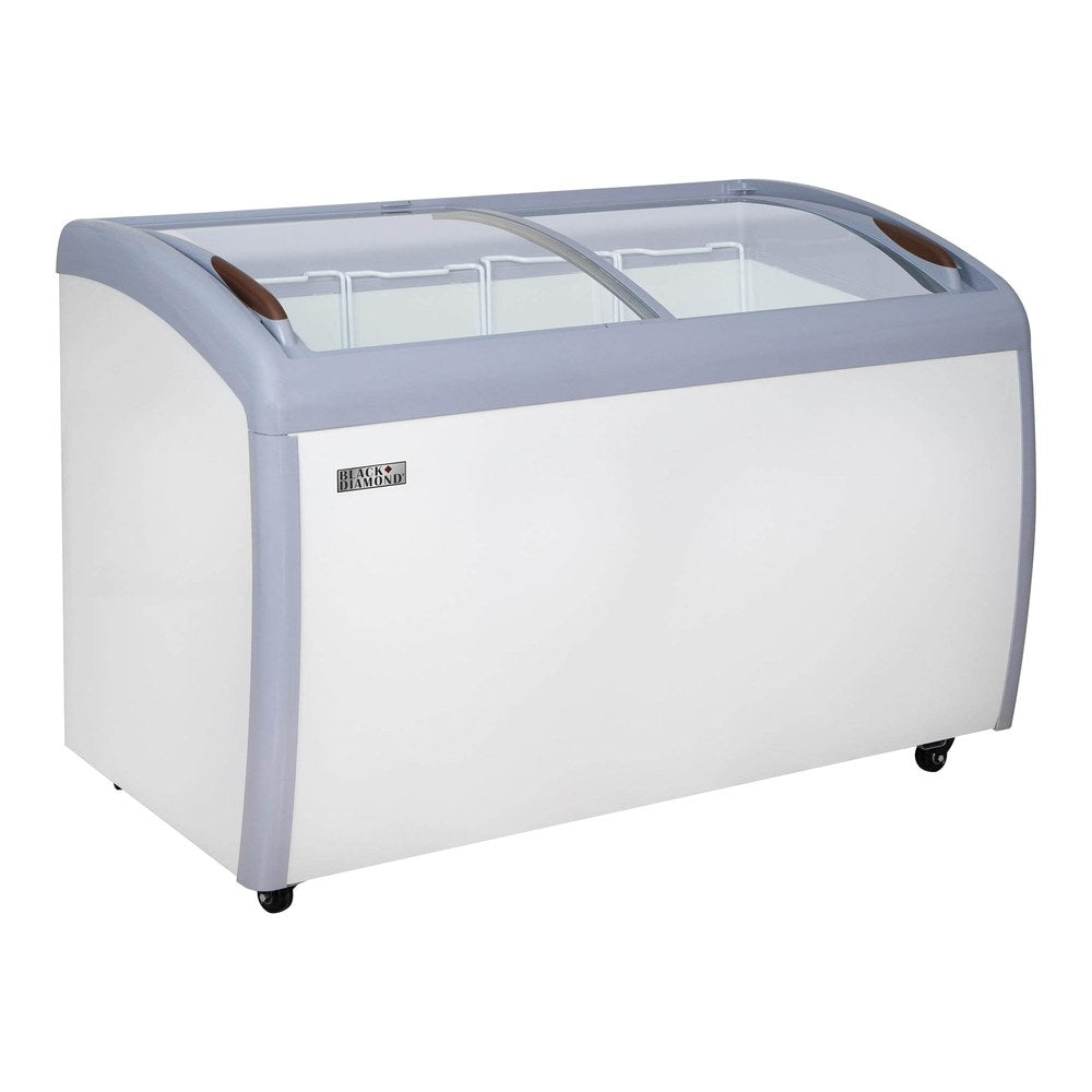 Black Diamond BDCF-12-CG 49-5/8 inch curved glass top display freezer with lids closed, front view