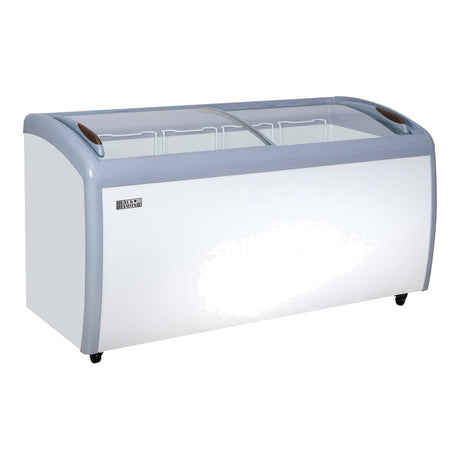 Black Diamond BDCF-15-CG 60-1/4 inch curved glass top display freezer with lids closed, front view