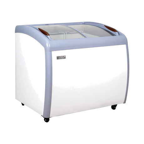 Black Diamond BDCF-9-CG 39 inch curved glass top display freezer with lids closed, front view