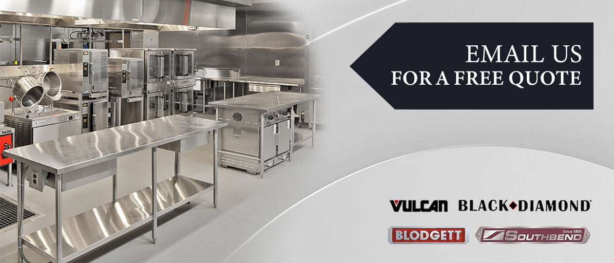 Stainless steel kitchen equipment in a professional kitchen setting with promotional text for free quote and several brand logos.