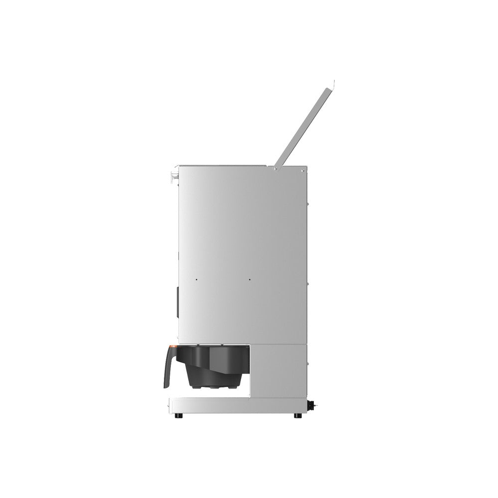 Fetco GRS 1202 dual hopper automatic coffee grinder, G1202US-1A000-00001, side view with lid open