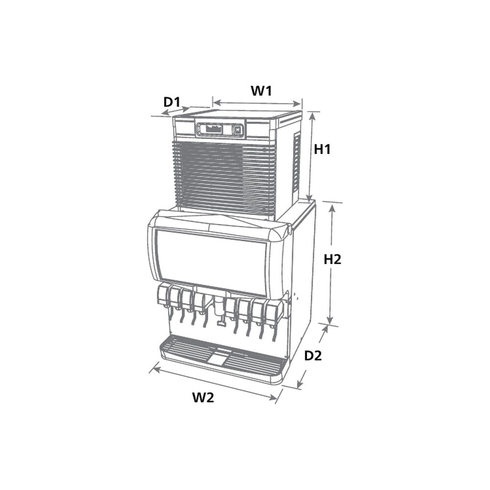 Follett D414AT shown top-mounted on a beverage dispenser (dispenser sold separately), spec sheet drawing