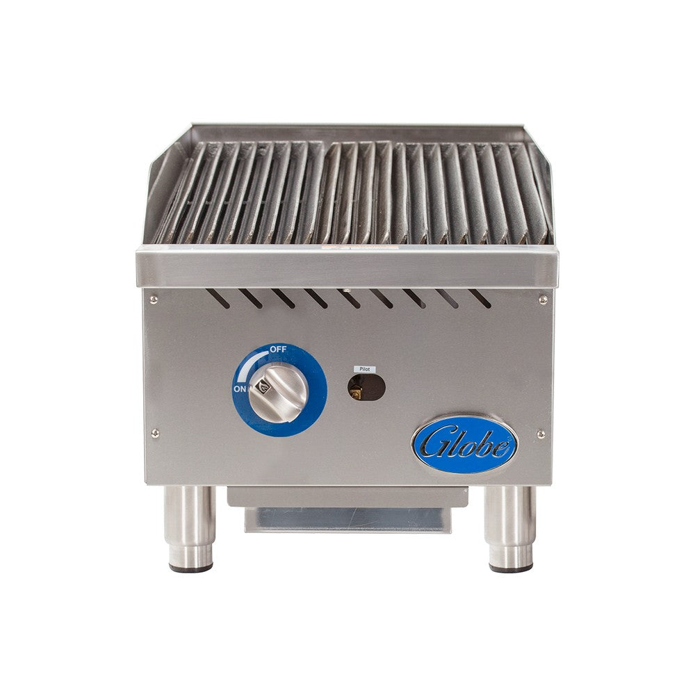 Globe GCB15G-SR 15" countertop gas charbroiler, radiant, front angle view