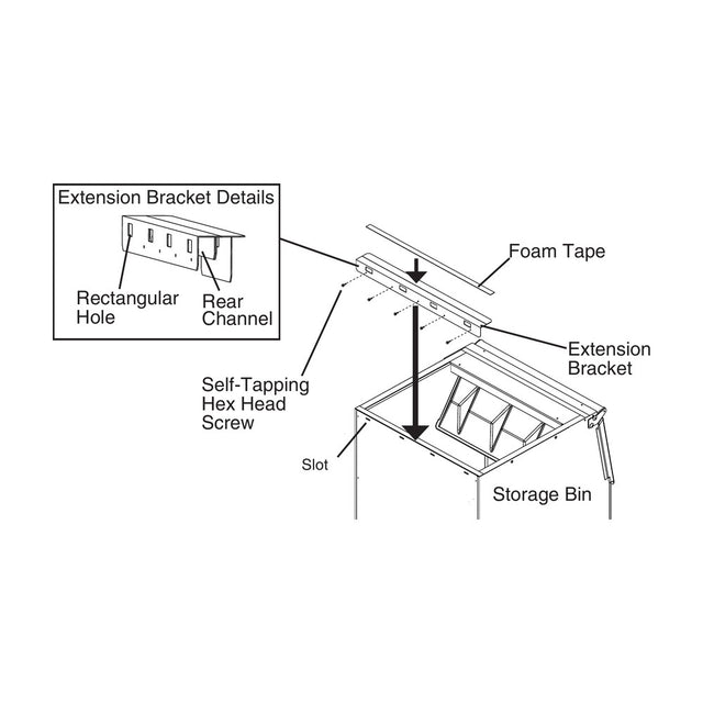 Hoshizaki HS-2129 top kit extension bracket, foam tape and screws shown over a 30-inch ice bin, Hoshizaki diagram