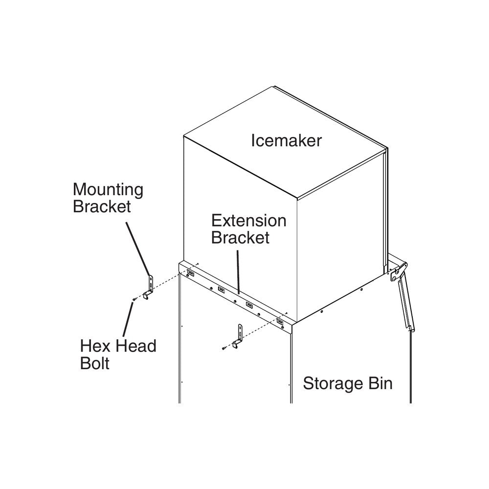 Hoshizaki top kit extension installed: ice machine secured to the bin with mounting brackets, Hoshizaki diagram