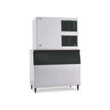Hoshizaki KM-1900SRJZ remote condenser crescent cube ice machine on Hoshizaki ice storage bin