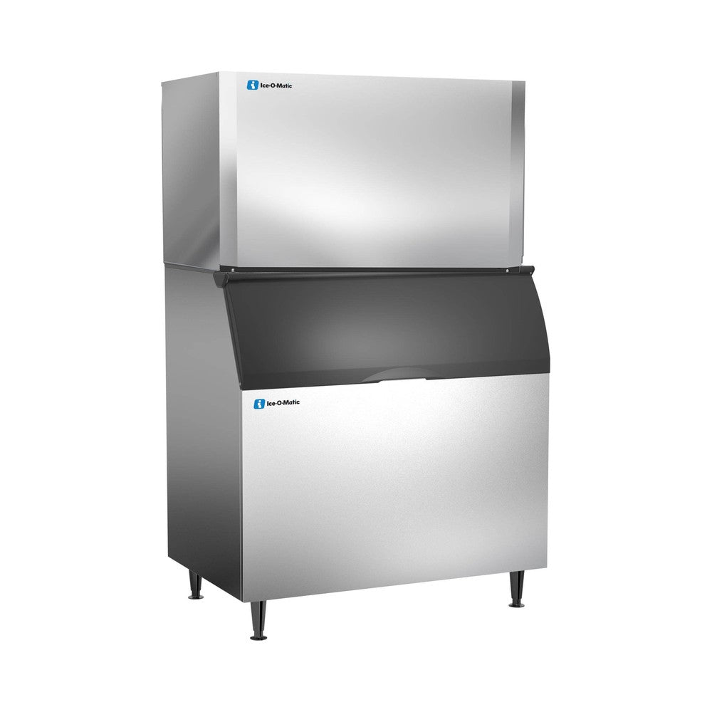 Ice-O-Matic CIM1446FW49 ice machine head shown installed on a 48-inch ice storage bin (bin sold separately)
