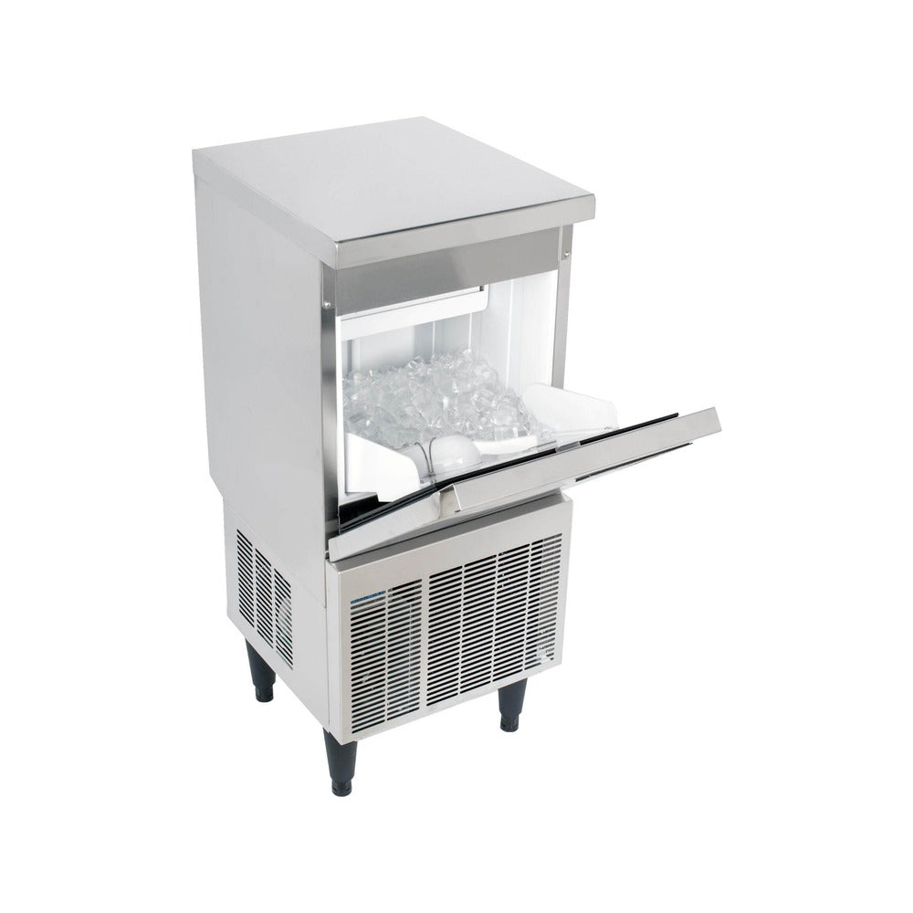 Kold-Draft KD-50E undercounter ice machine with the bin door open showing stored ice