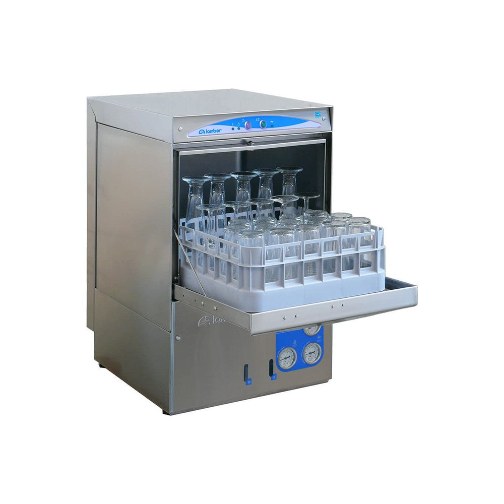Lamber DSP3 high temperature undercounter glasswasher, door open with glass rack loaded