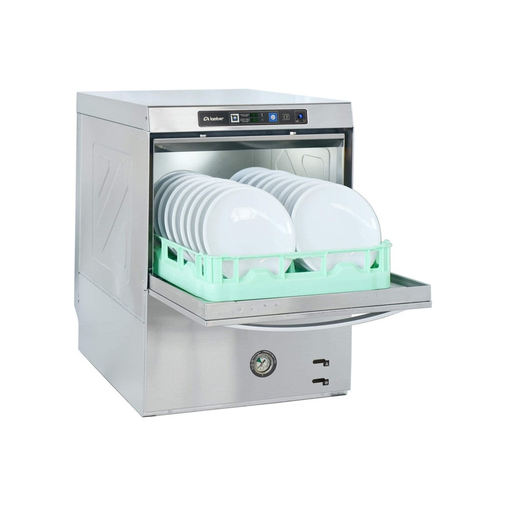 Lamber DSP4EKDPS high temperature undercounter dishwasher, door open with rack loaded