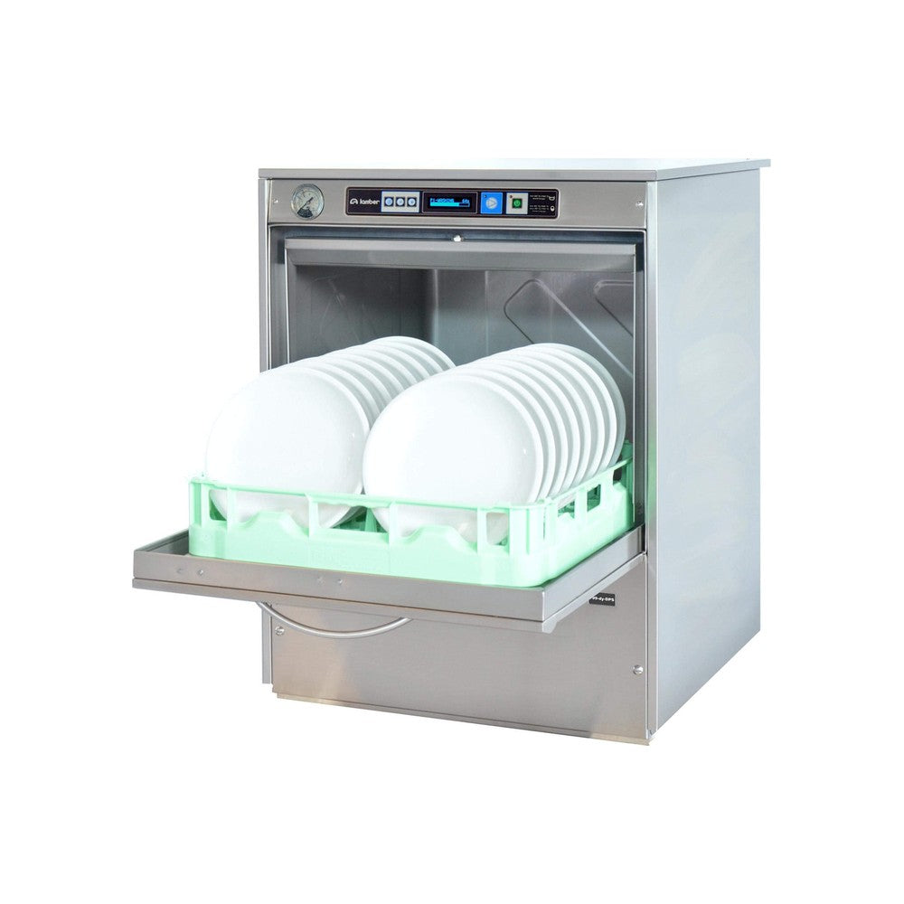 Lamber F99DYPS high temperature undercounter dishwasher, door open with plates loaded