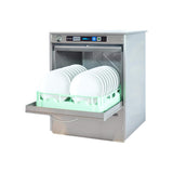 Lamber F99DYPS high temperature undercounter dishwasher, door open with plates loaded
