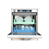 Lamber F99DYPS high temperature undercounter dishwasher, door open showing two racks