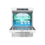 Lamber F99EKDPS high temperature undercounter dishwasher, door open with rack loaded