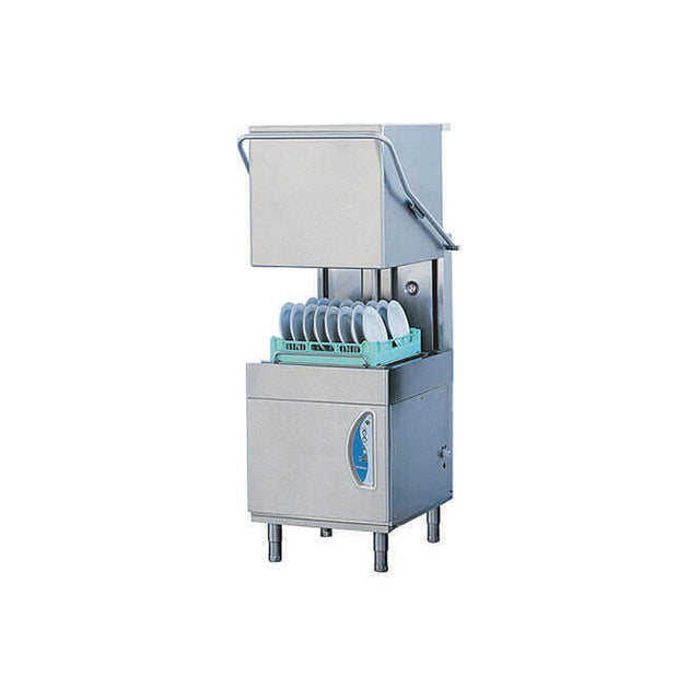 Lamber L21EKS high temperature pass-through dishwasher, hood raised with rack loaded