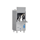 Lamber P700EKDPS high temperature front-loading pot and pan dishwasher, door open with rack and pans