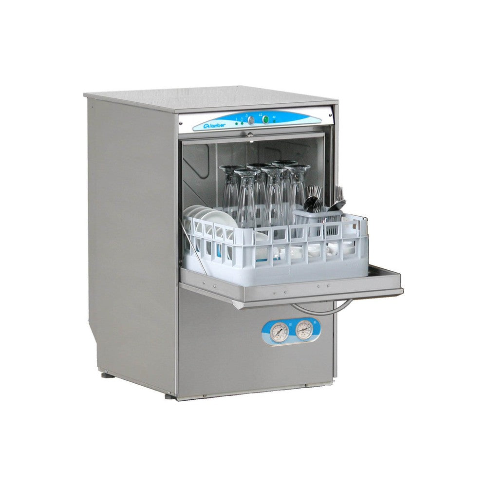 Lamber S480EKDPS high temperature undercounter glasswasher, door open with glass rack loaded