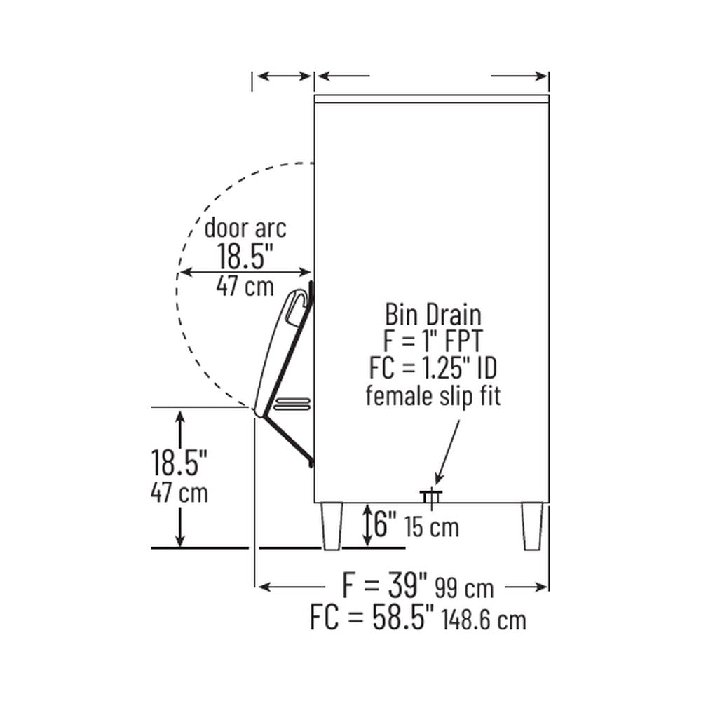 Manitowoc F-style bin side view from the spec sheet: door swing, 18.5" front clearance, 6" legs and bin drain
