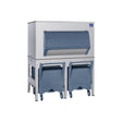 Manitowoc FC1350 60-inch stainless steel ice storage bin with gravity chute and two transport carts, front view