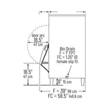 Manitowoc F-style bin side view from the spec sheet: door swing, 18.5" front clearance, 6" legs and bin drain