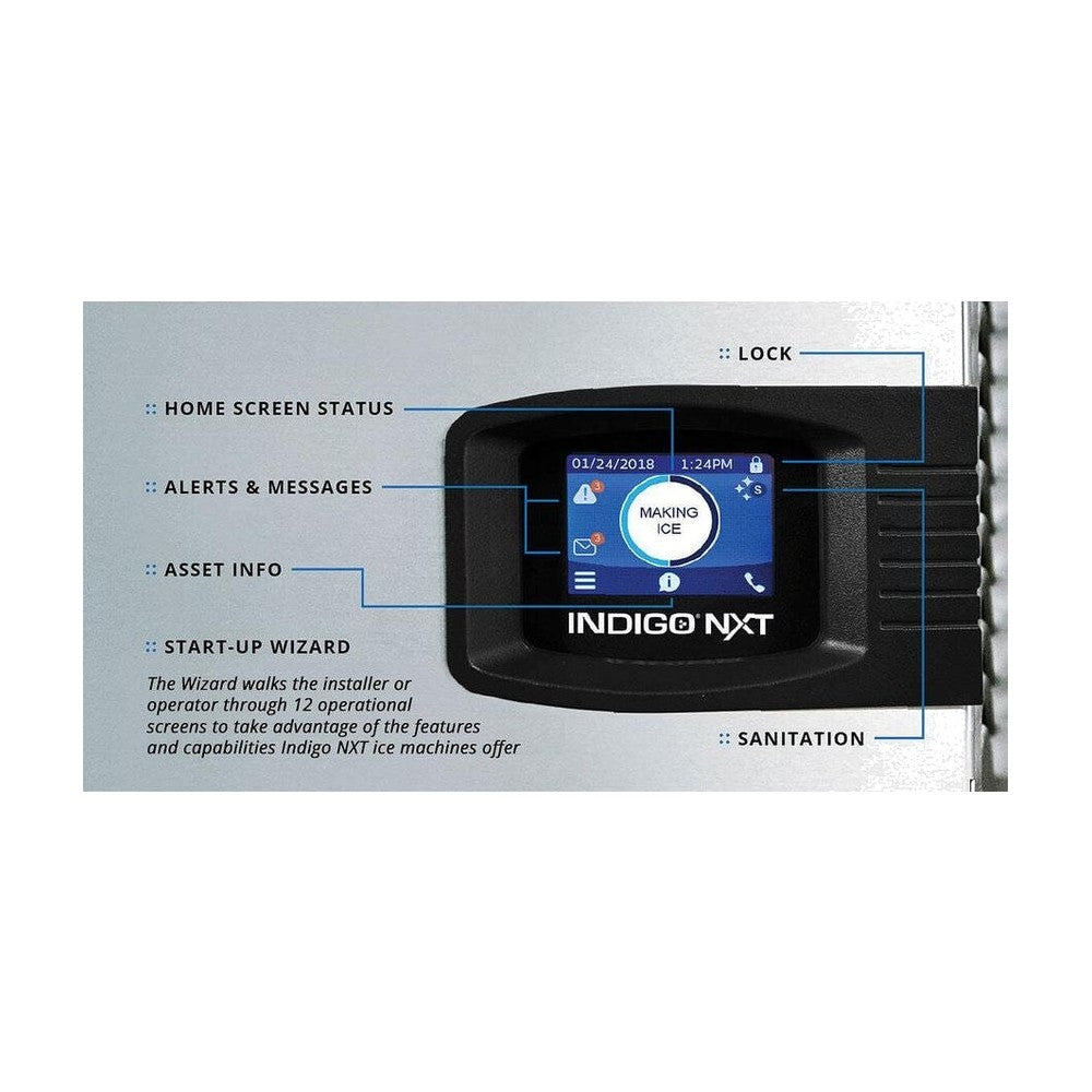 Manitowoc Indigo NXT easyTouch display on the IYP0420W-161: home screen status, alerts and messages, asset info, start-up wizard and sanitation