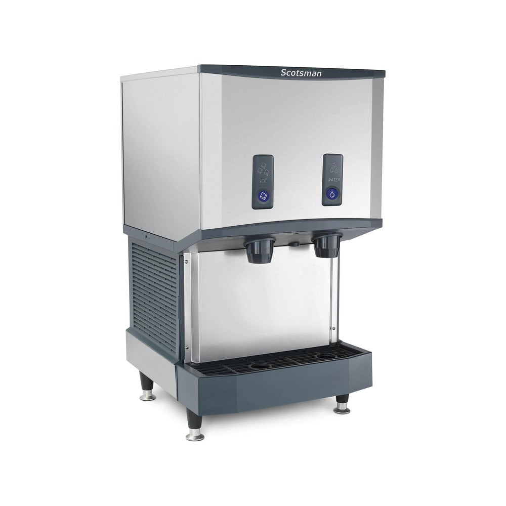 Scotsman HID525ABX-1 500 lb push-button countertop nugget ice & water dispenser, 25 lb storage, angled view on optional legs
