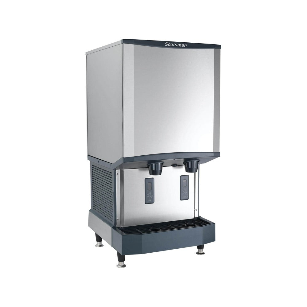 Scotsman HID540AX-1 500 lb touch-free countertop nugget ice & water dispenser, 40 lb storage, angled view on optional legs