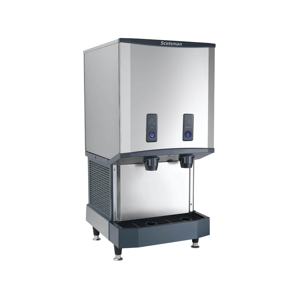 Scotsman HID540ABX-1 500 lb push-button countertop nugget ice & water dispenser, 40 lb storage, angled view on optional legs