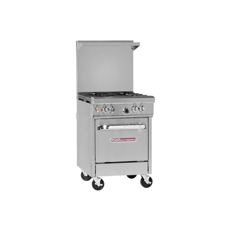 Southbend 4241E 24" gas restaurant range with 4 open burners, space saver oven, front view