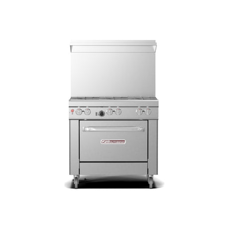 Southbend 4361A 36" gas restaurant range with 6 open burners, convection oven, front view