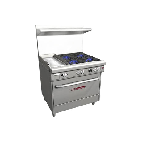 Southbend 4361A-1GL 36" gas restaurant range with 4 open burners and a 12" manual griddle on the left, convection oven, front view