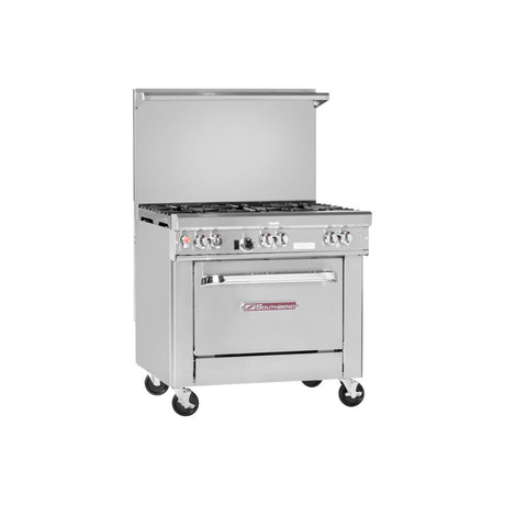 Southbend 4361D 36" gas restaurant range with 6 open burners, standard oven, front view