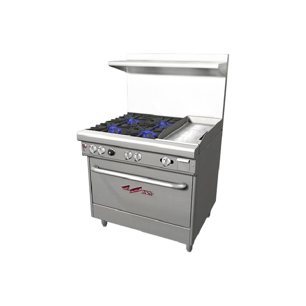 Southbend 4361D-1GR 36" gas restaurant range with 4 open burners and a 12" manual griddle on the right, standard oven, front view