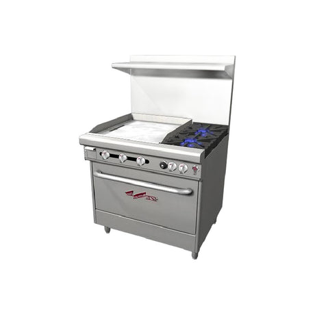 Southbend 4361D-2GL 36" gas restaurant range with 2 open burners and a 24" manual griddle on the left, standard oven, front view