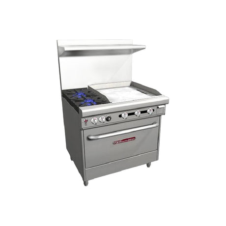 Southbend 4361D-2GR 36" gas restaurant range with 2 open burners and a 24" manual griddle on the right, standard oven, front view