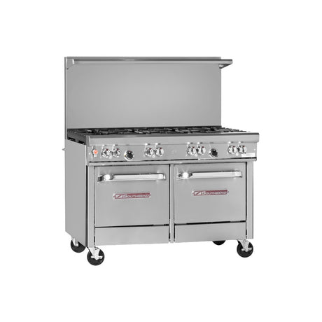 Southbend 4481EE 48" gas restaurant range with 8 open burners, two space saver ovens, front view