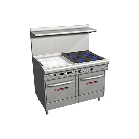 Southbend 4481EE-2GL 48" gas restaurant range with 4 open burners and a 24" manual griddle on the left, two space saver ovens, front view