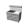 Southbend 4481EE-2GR 48" gas restaurant range with 4 open burners and a 24" manual griddle on the right, two space saver ovens, front view