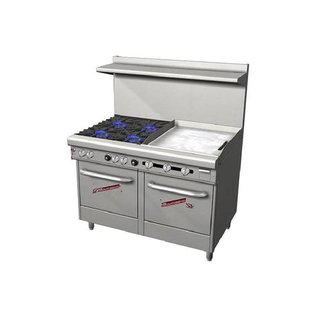 Southbend 4481EE-2GR 48" gas restaurant range with 4 open burners and a 24" manual griddle on the right, two space saver ovens, front view