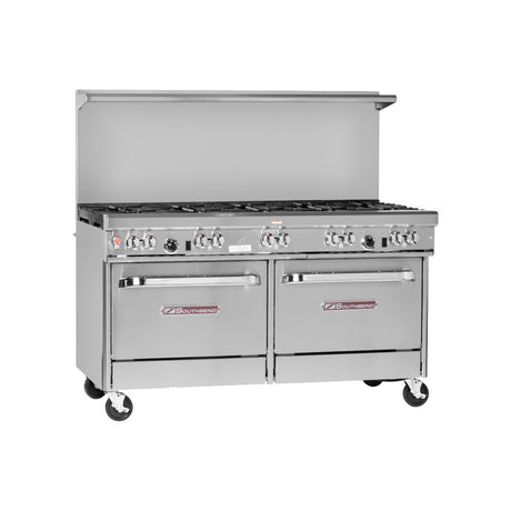 Southbend 4601DD 60" gas restaurant range with 10 open burners, two standard ovens, front view