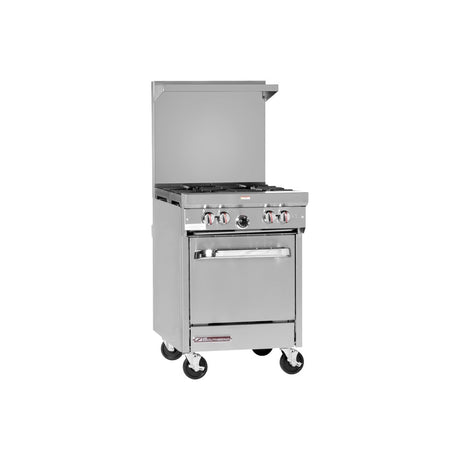 Southbend S24E 24" gas restaurant range with 4 open burners, space saver oven, front view