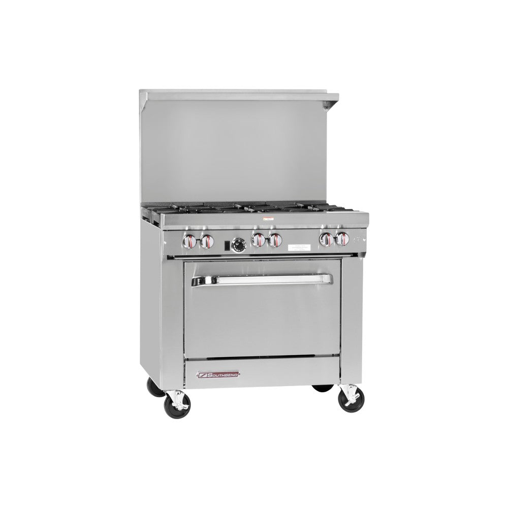 Southbend S36D 36" gas restaurant range with 6 open burners, standard oven, front view