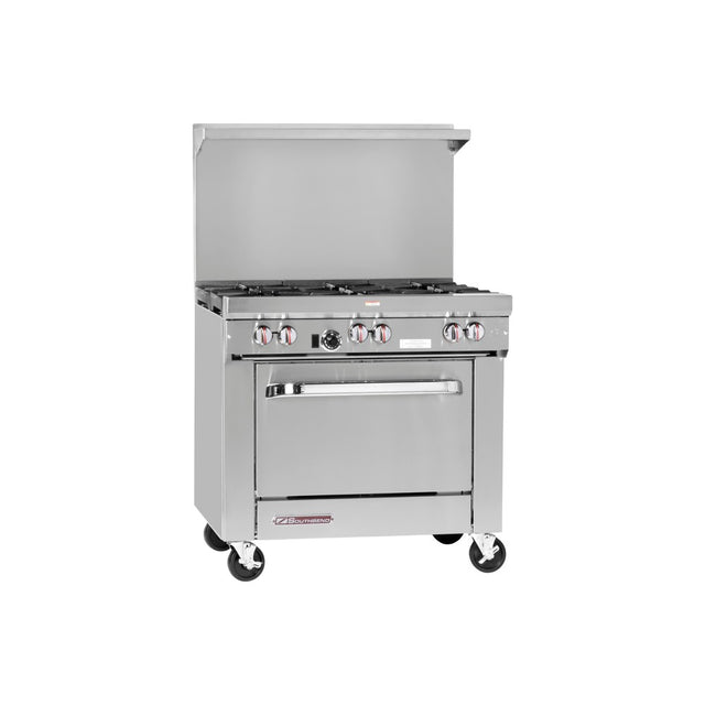Southbend S36D 36" gas restaurant range with 6 open burners, standard oven, front view
